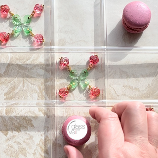 hand-wired peony charms with leaves, pink macaroon playing tick tack toe