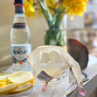 Silk Drink Marker – Glass Veil™ – Hand Stitched in Los Angeles – Melted Butter Yellow with Artisanal Pink Peony Glass Charms – Elegant Holiday Entertaining Gift – Alternative to Drink Charms (Aurelia)